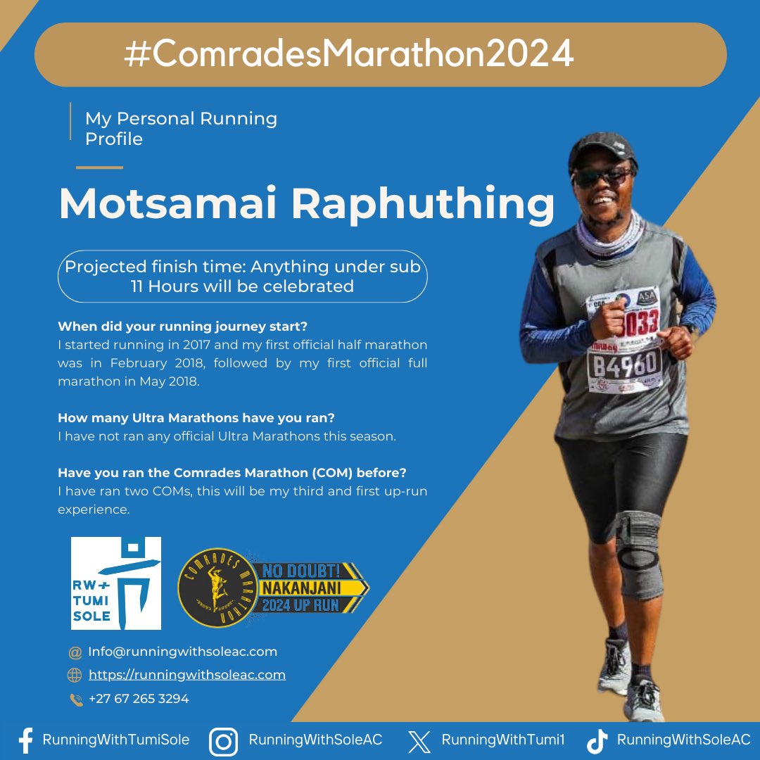 Runner profile 17/28 ✨ We are pleased to announce that @MotsGR will be representing the club and @budgetins at the 2024 Comrades Marathon @comradesmarathon, this will be Motsamai's fourth, and he will be experiencing the up run for the first time. All the best Member, we look