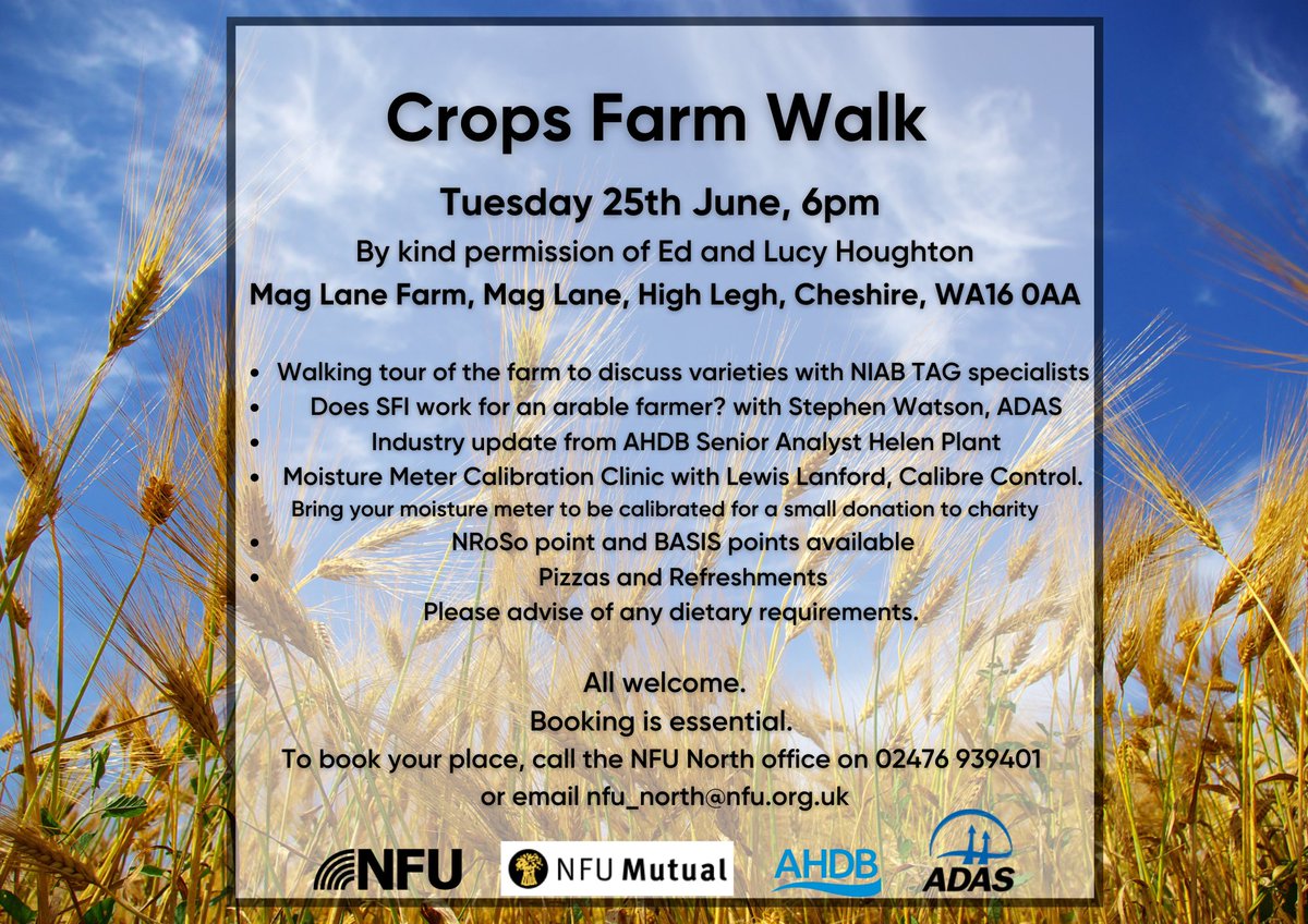nfunorth's tweet image. Join us on a Crops Farm Walk on Tuesday 25 June, 6pm at Mag Lane Farm, Cheshire. 
Tour the farm and discuss varieties with NIAB TAG specialists and hear from our speakers from @ADASGroup and @TheAHDB.
Details below ⬇️⬇️⬇️
To book, call 02476 939401 or email nfu_north@nfu.org.uk