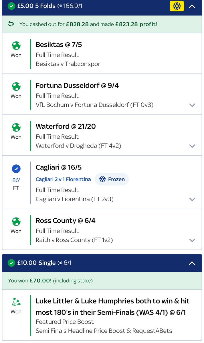 The weekend is upon us!!!

Freeze Bet Winner in the group chat 🥶

 Tipped 6/1 winner on the darts last night 🎯

Freeze Bets set for the weekend ✅

Link in the bio for the group!!! 📌