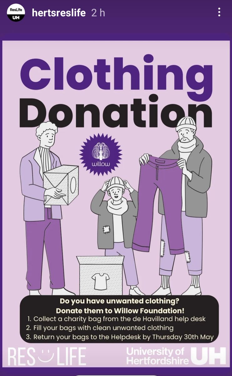 UH Members - please donate clean, unwanted clothing to Willow and any unused items will be recycled! Collect a bag (staff, 1 bag only please) from the de Hav Residential desk and return by 30 May. A great charity and great recycling! ♻️ @UHStudentLife @UHSustainable @UniofHerts