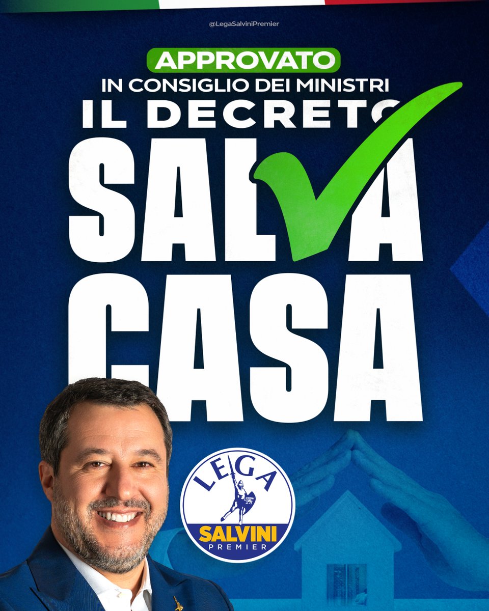 matteosalvinimi's tweet photo. ✅🏠 Lo avevamo promesso e lo abbiamo fatto: APPROVATO in Consiglio dei ministri il decreto SALVA-CASA.

Tra le misure, l’inserimento nel criterio di edilizia libera per Vetrate Panoramiche Amovibili, tende e altre opere di protezione dal sole e dagli agenti atmosferici, l’ampliamento delle tolleranze costruttive ed esecutive, la semplificazione dell’accertamento di conformità eliminando la doppia conformità (che d’ora in poi verrà richiesta solo nei casi più gravi) e la fine del paradosso del silenzio rigetto, con l’introduzione del silenzio assenso: vale a dire che se l’Amministrazione non risponde, entro i termini prestabiliti, l'istanza si considera accettata.
Viene semplificato inoltre li cambio di destinazione d'uso di singole unità immobiliari, nel rispetto delle normative di settore e di eventuali specifiche condizioni comunali.

Un decreto di BUONSENSO che regolarizza piccole difformità, liberando finalmente gli uffici comunali da milioni di pratiche edilizie e restituendo il pieno utilizzo degli immobili ai legittimi proprietari.

LEGA sempre A DIFESA delle case degli italiani! 🇮🇹