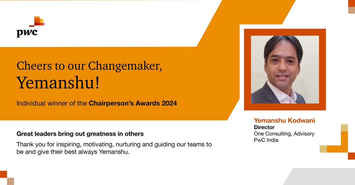 #ChangemakersAtPwCIndia are the ones who take risks and blaze new trails! Thank you Yemanshu for demonstrating the essence of leadership and encouraging growth & enabling success for our people and firm. #ChairpersonsAwards #TogetherWeFuture