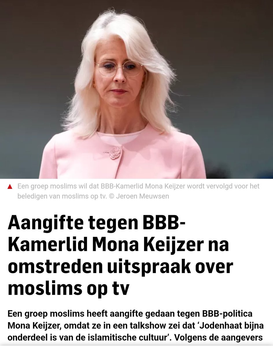 Aangifte tegen BBB-Kamerlid Mona Keijzer na omstreden uitspraak over moslims op tv.

De lange tenen der islam slaan weer toe:

Gij moogt geen kritiek hebben op mohammedanen. Hoe feitelijk juist, onderbouwd en correct het ook is. 

ad.nl/politiek/aangi…