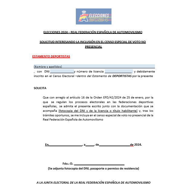 ¡¡¡MUY IMPORTANTE!!! Las votaciones de la Asamblea General de la <a href="/RFEdeA/">Real Federación Española de Automovilismo</a> se celebrarán el miércoles 24 de julio y únicamente se podrá votar presencialmente en Madrid, en la sede de la federación, por lo que lo más aconsejable es solicitar el voto por correo.