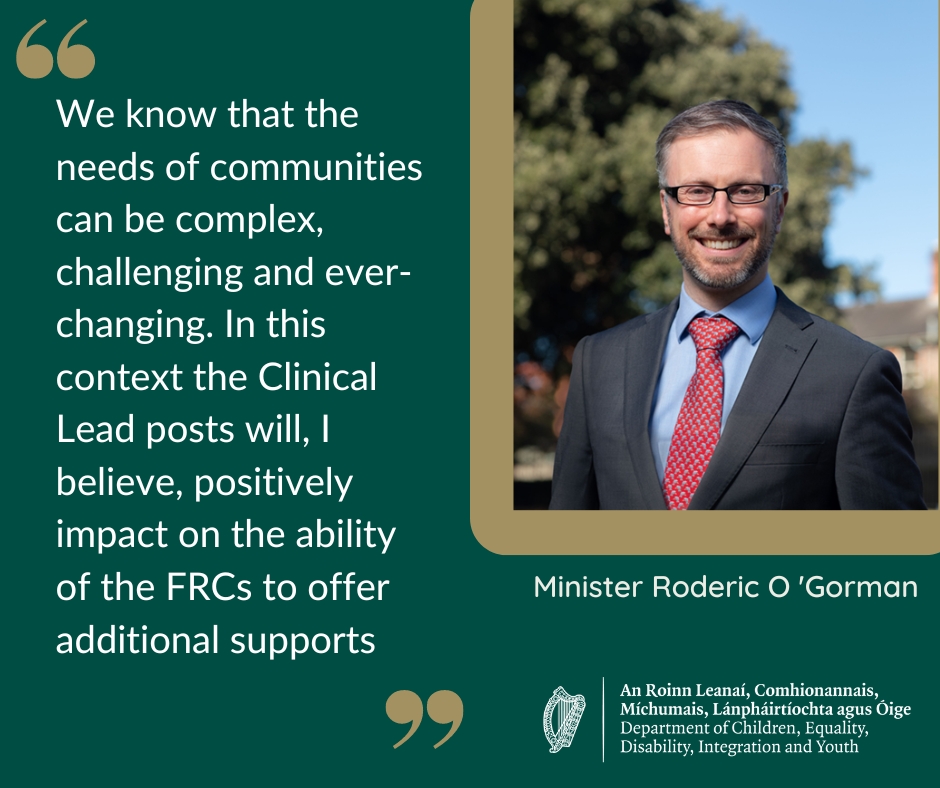 Min <a href="/rodericogorman/">Roderic O’Gorman TD</a> today welcomed the announcement by Tusla of the establishment of Clinical &amp; Therapeutic Lead posts benefitting 8 Family Resource Centres around the country, ensuring that there is a Clinical and Therapeutic Lead in all 6 Tusla regions

bit.ly/3wW33mf