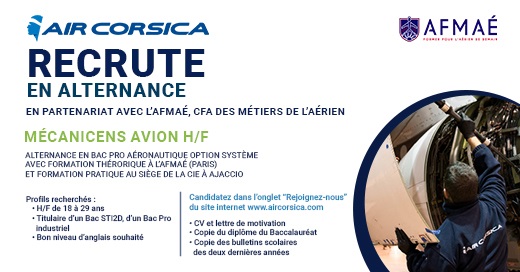 📢#VoleVersTonAvenir - Air Corsica recrute en #alternance ! Nous recherchons des alternants dans le secteur de la Maintenance Aéronautique. Pour candidater : rubrique « Rejoignez-nous » de notre site web ow.ly/Qnb950RSf9H. @AFMAeCFAaerien