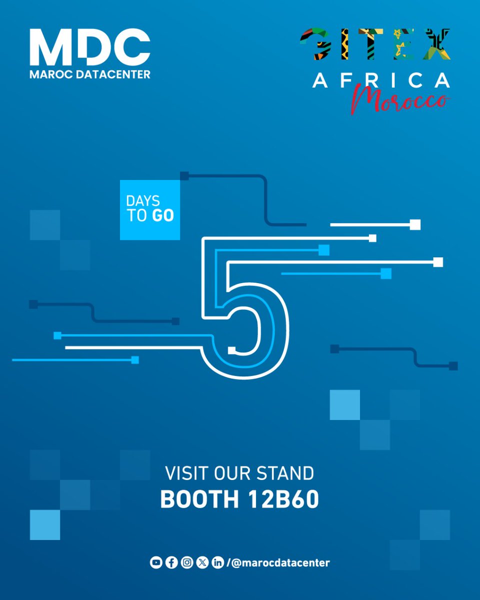 5 days to go until GITEX Africa 2024!
The Maroc Datacenter team is making final preparations to deliver an unforgettable experience at this premier digital event.
Get ready to explore our latest cloud and data center offerings that will empower your growth.
#GitexAfrica2024