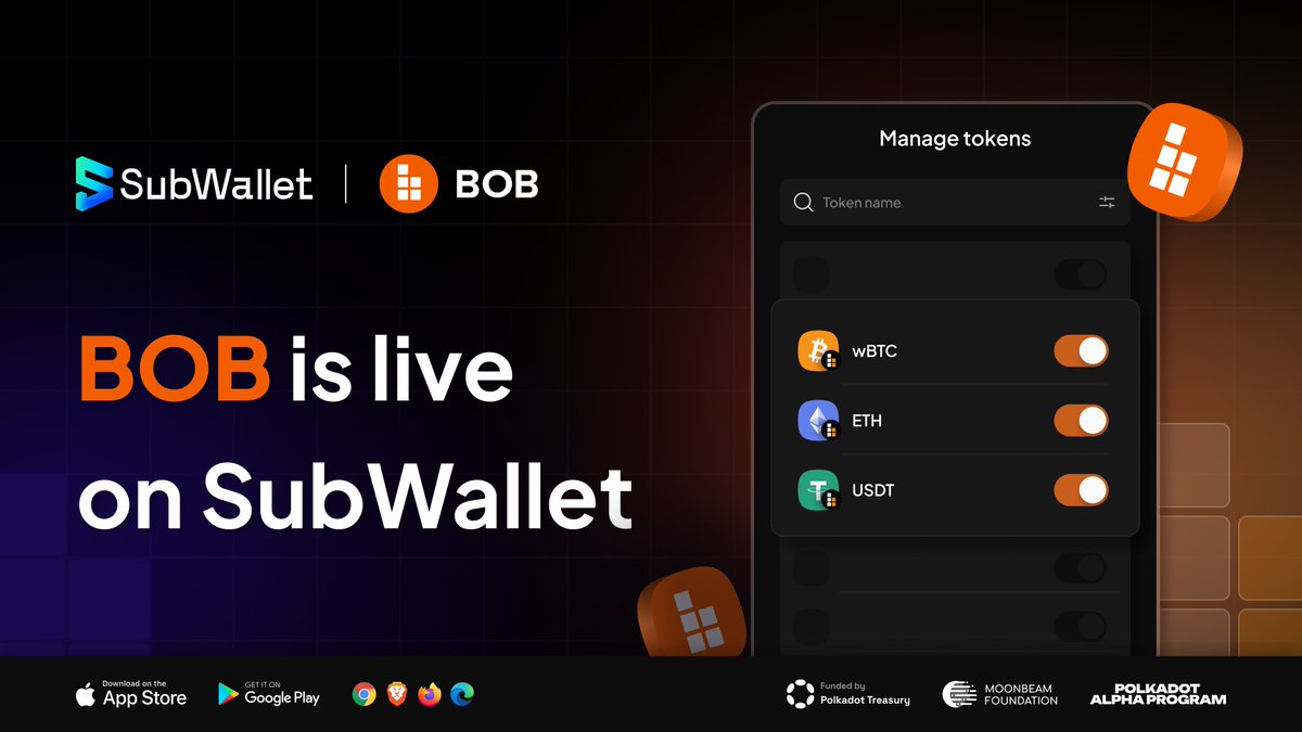Dive into @build_on_bob today with SubWallet 🥳 $wBTC, $USDT and $ETH on #BOB Network are fully supported on SubWallet browser extension, mobile app and web dashboard 🫶 Stay tuned for more activities to come! Download SubWallet👉subwallet.app/download.html
