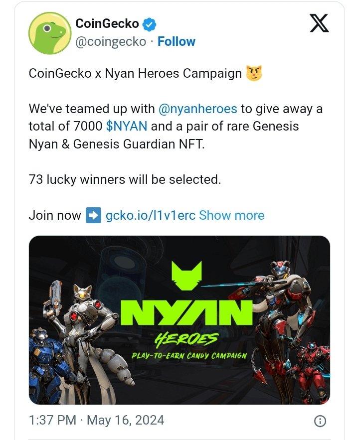Soheil_SBabaei's tweet photo. #CoinGecko has partnered with #NyanHeroes to give away a total of 7,000 $NYAN &a pair of rare #GenesisNyan & #GenesisGuardian #NFTcollection.
In a May16 blog post,CoinGecko confirmed partnering with Nyan #HeroesCampaign to give away $NYAN memecoins& a pair of rare #NFTs.
#NFT https://t.co/tEzWikWTiZ