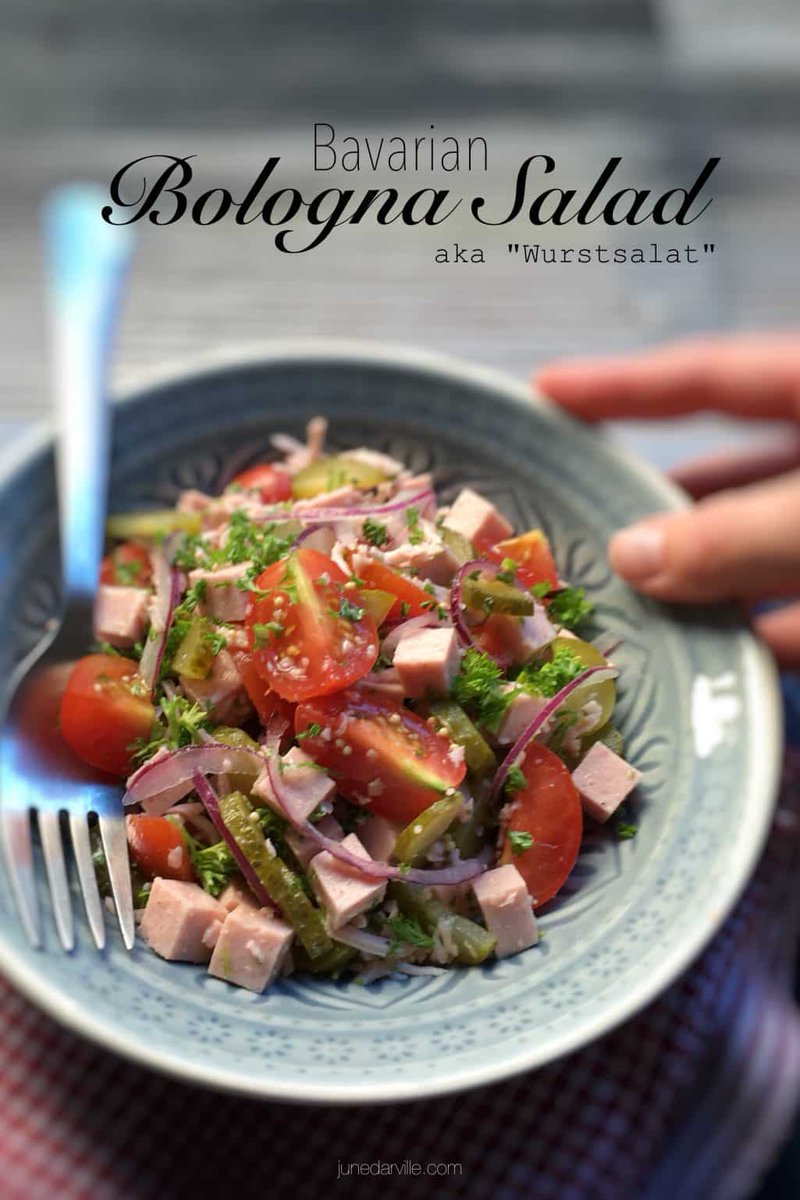 ❤️ 𝐁𝐚𝐯𝐚𝐫𝐢𝐚𝐧 𝐖𝐮𝐫𝐬𝐭𝐬𝐚𝐥𝐚𝐭 ❤️ Ever heard of this classic Bavarian #Wurstsalat before? It's a German bologna #sausage #salad with tomatoes, vinegar, red onion and gherkins. ❤️ 𝐑𝐞𝐜𝐢𝐩𝐞 >> junedarville.com/wurstsalat.html