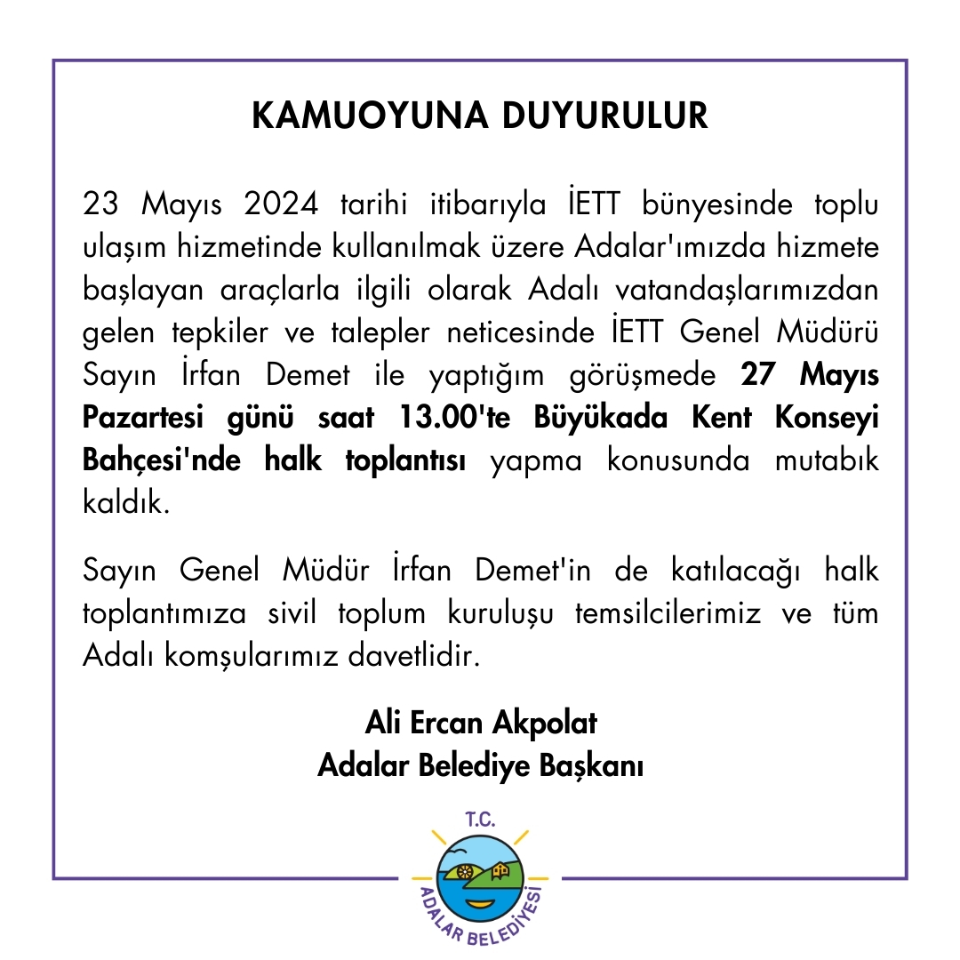 İETT Genel Müdürü Sayın @irfan_demet'in de katılacağı halk toplantımıza sivil toplum kuruluşu temsilcilerimiz ve tüm Adalı komşularımız davetlidir. 🗓️27 Mayıs Pazartesi 🕐13.00 📍Büyükada Kent Konseyi Bahçesi