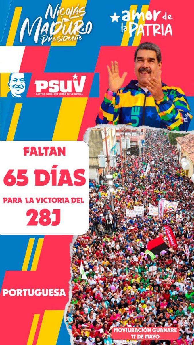 Faltan 6️⃣5️⃣Días para la Gran Victoria Electoral 🗳️

#Portuguesa se prepara  para la Gran Victoria del #28J 🚩 con nuestro líder valiente el Presidente Nicolás Maduro ¡Siempre junto al pueblo!

Síguenos 👇
conprimitivo.com

#VialidadRuralPortuguesa2024
#VerdadDePueblo