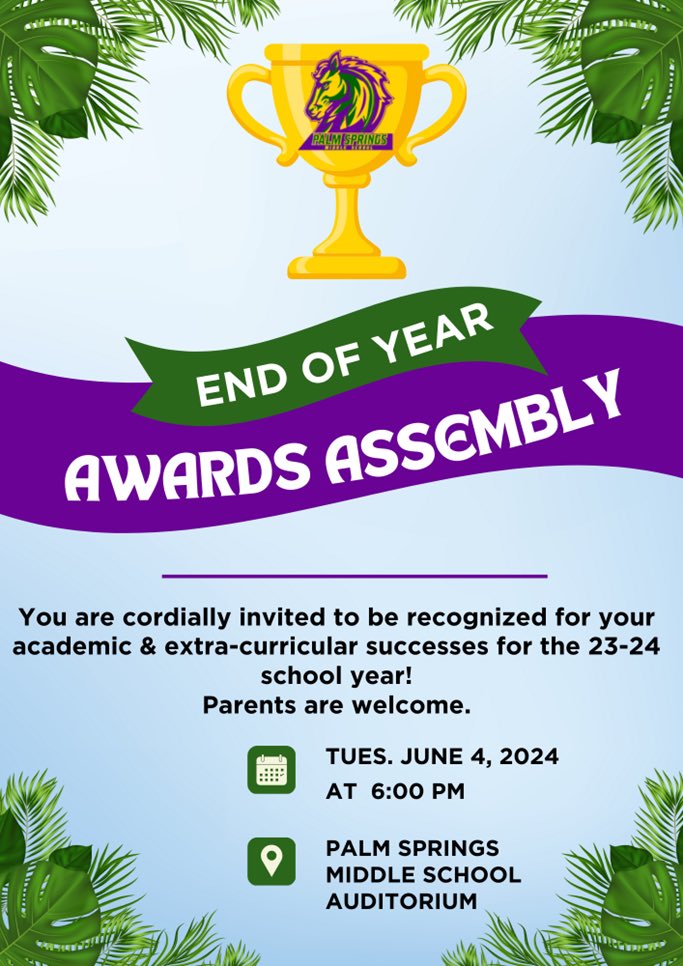 Pacers you are invited to our End of Year Awards Assembly on Tuesday, June 4th beginning at 6pm. Students will receive 2 tickets for their guests. 🏆🥇

Be sure to keep your tickets safe as they will not be replaced if lost!