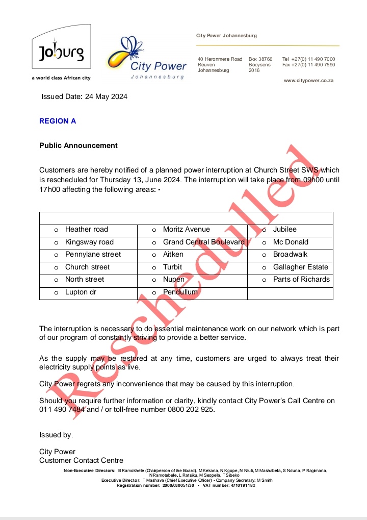 #CityPowerUpdates
#PlannedMaintenance
#MidrandSDC

PUBLIC ANNOUNCEMENT📢📢

Customers are hereby notified of a planned power interruption at Church Street SWS which is rescheduled for Thursday 13, June 2024. The interruption will take place from 09h00 until 17h00. ^TM