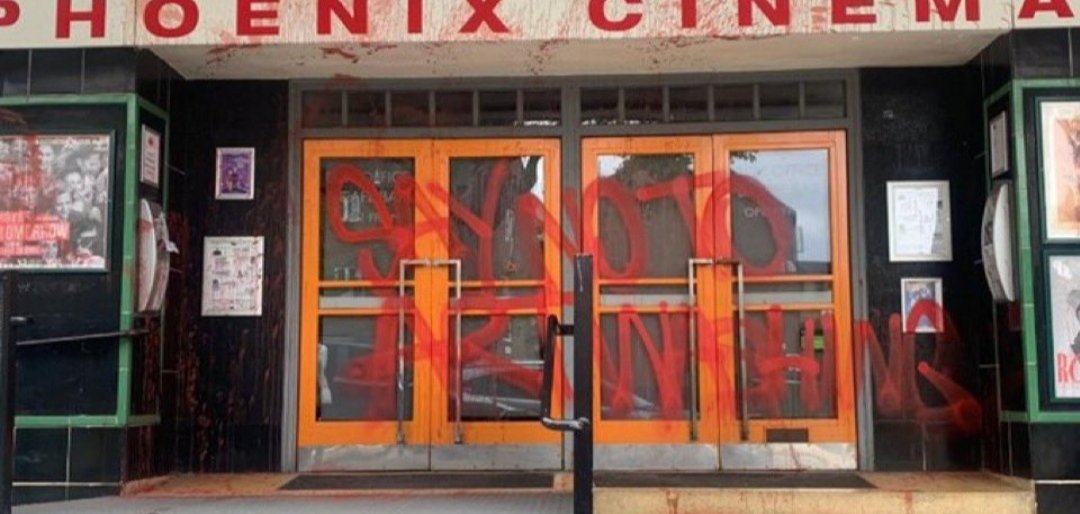 Pro-Palestine activists spray red paint on the Phoenix Cinema London for screening the Israeli Propaganda Film Festival Seret.