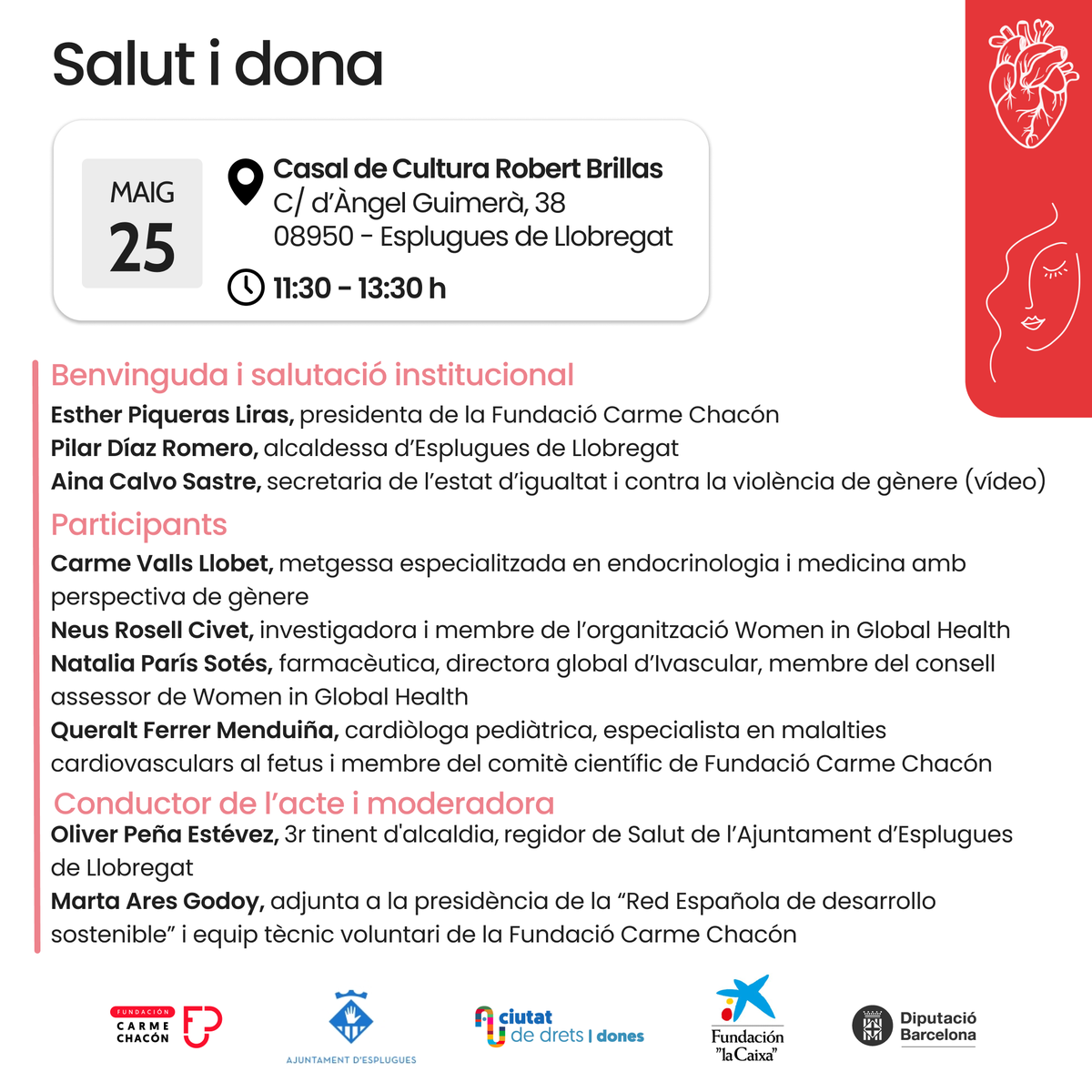 ❤️Dones i cardiopaties❤️ T'esperem a la jornada sobre salut cardiovascular de la dona. 🗓️25 de maig - 11.30 h 📍Casal de Cultura Robert Brillas 🫀Visibilitzarem la inequitat de gènere a la salut i prendrem consciència dels seus riscos i la seva simptomatologia.