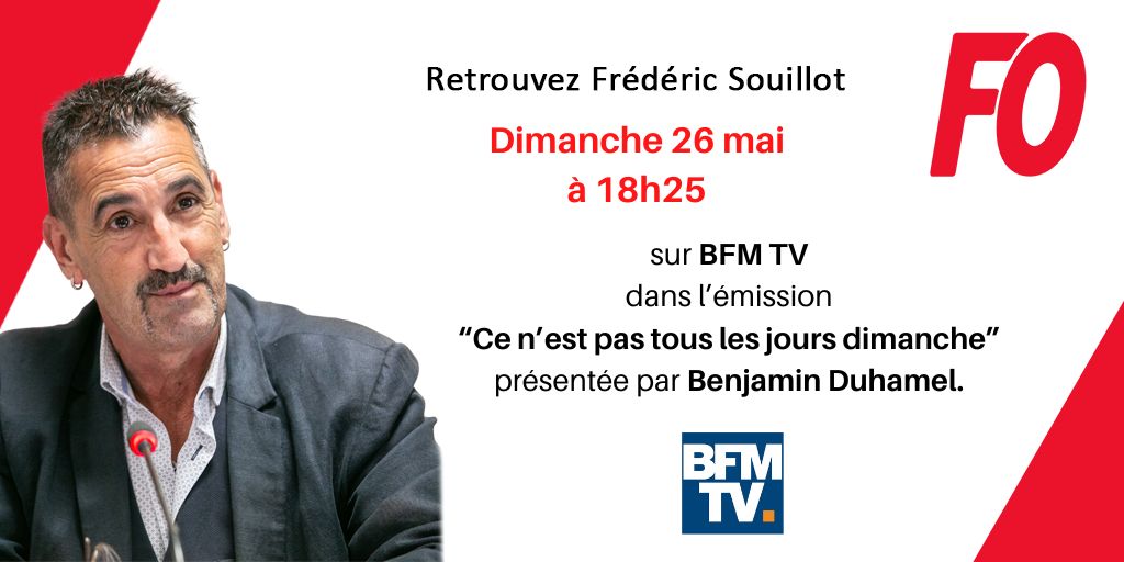 [#Télévision] Retrouvez Frédéric Souillot (@SouillotFo), dimanche 26 mai à 18h25, sur #BFMTV dans l’émission 'Ce n’est pas tous les jours dimanche' ⬇️