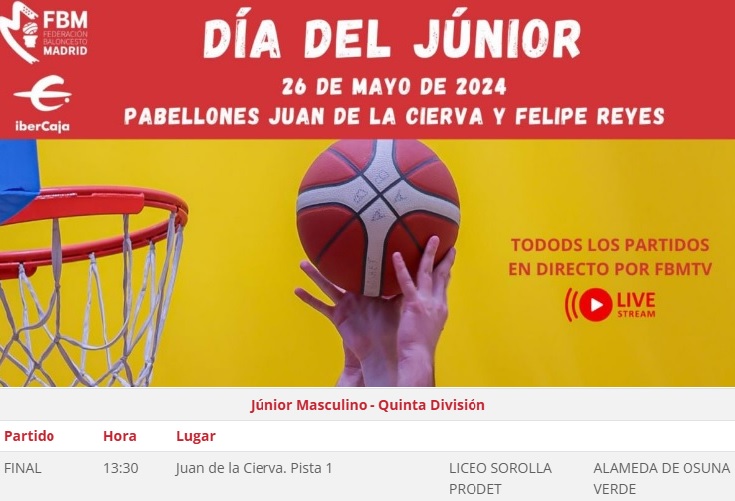 🏀 FINAL PLAYOFF 🏀

📍 DOMINGO 26 - Pabellón Juan de la Cierva - Pista 1 (Getafe)
⚔️ LICEO SOROLLA  vs JUNIOR
#SentimientoVerde💚