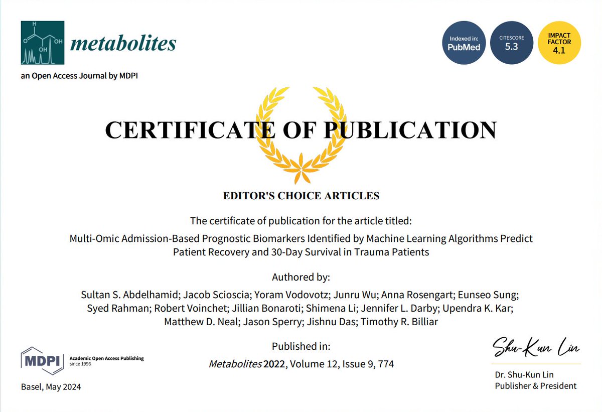 Many congratulations to @TheBilliarLab for their publication 👉 mdpi.com/2218-1989/12/9… selected as an Editor's Choice! 🌟 A testament to use of #MachineLearning in #TraumaCare and the #ResearchExcellence @PittTweet @UPMC @PittCCM @MetabolitesMDPI @PittNeurosurg @ChildrensPgh