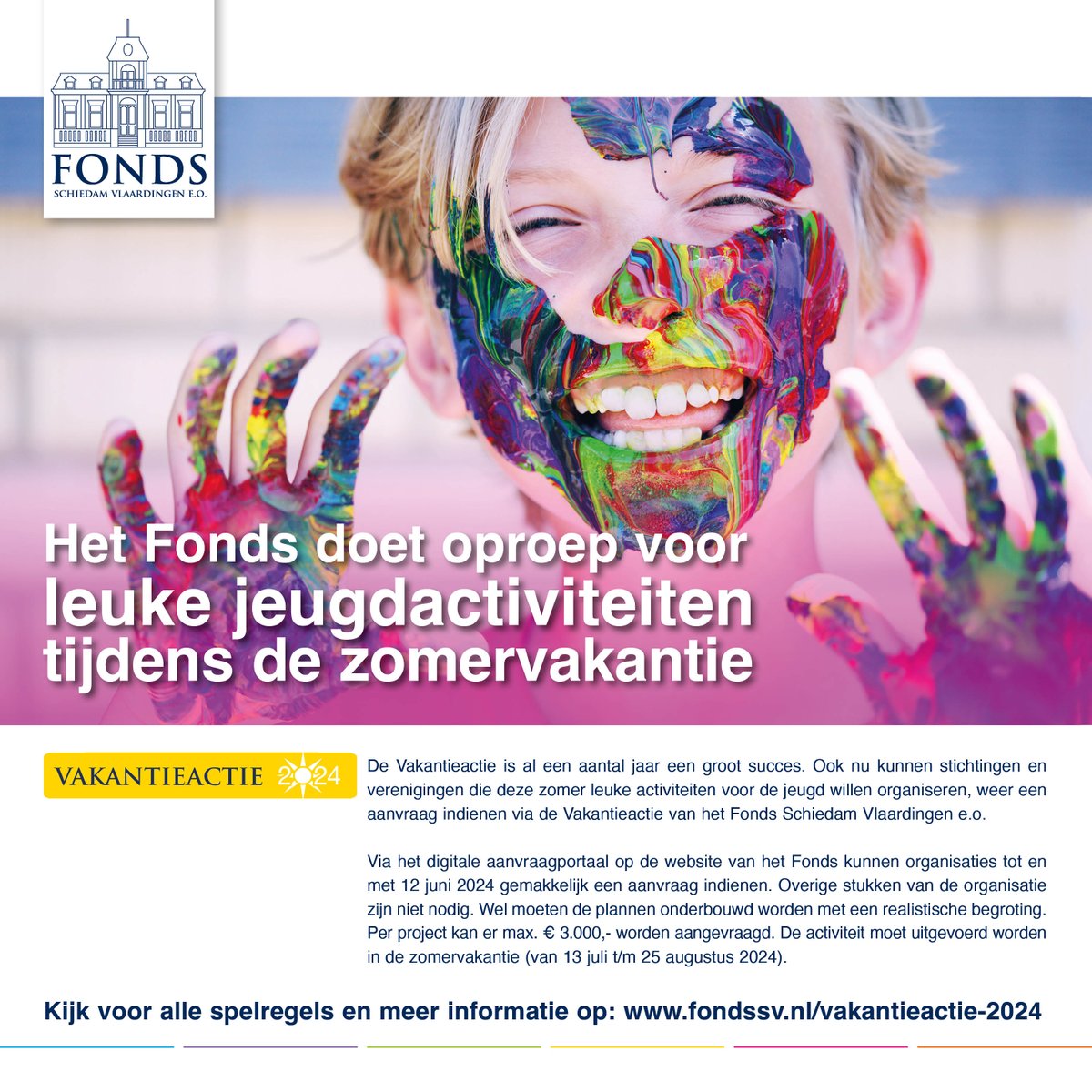 Ieder jaar maken honderden kinderen uit de regio die niet op vakantie gaan, gebruik van het ruime aanbod aan sport- en spelactiviteiten, creatieve workshops of avontuurlijke uitstapjes in de natuur. 

Kijk voor alle spelregels en meer informatie op: 
fondssv.nl/vakantieactie-…