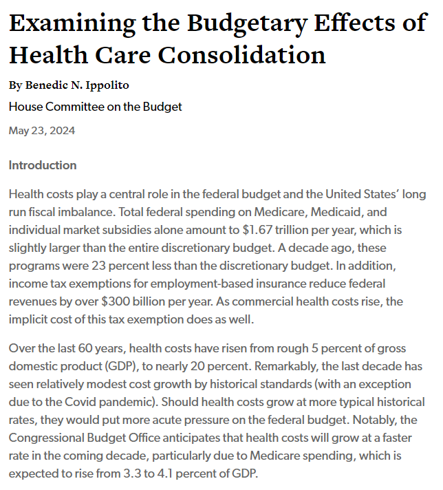 My @AEI colleague @Ben_Ippolito gave congressional testimony yesterday on the budgetary effects of health care consolidation. Link: aei.org/wp-content/upl…