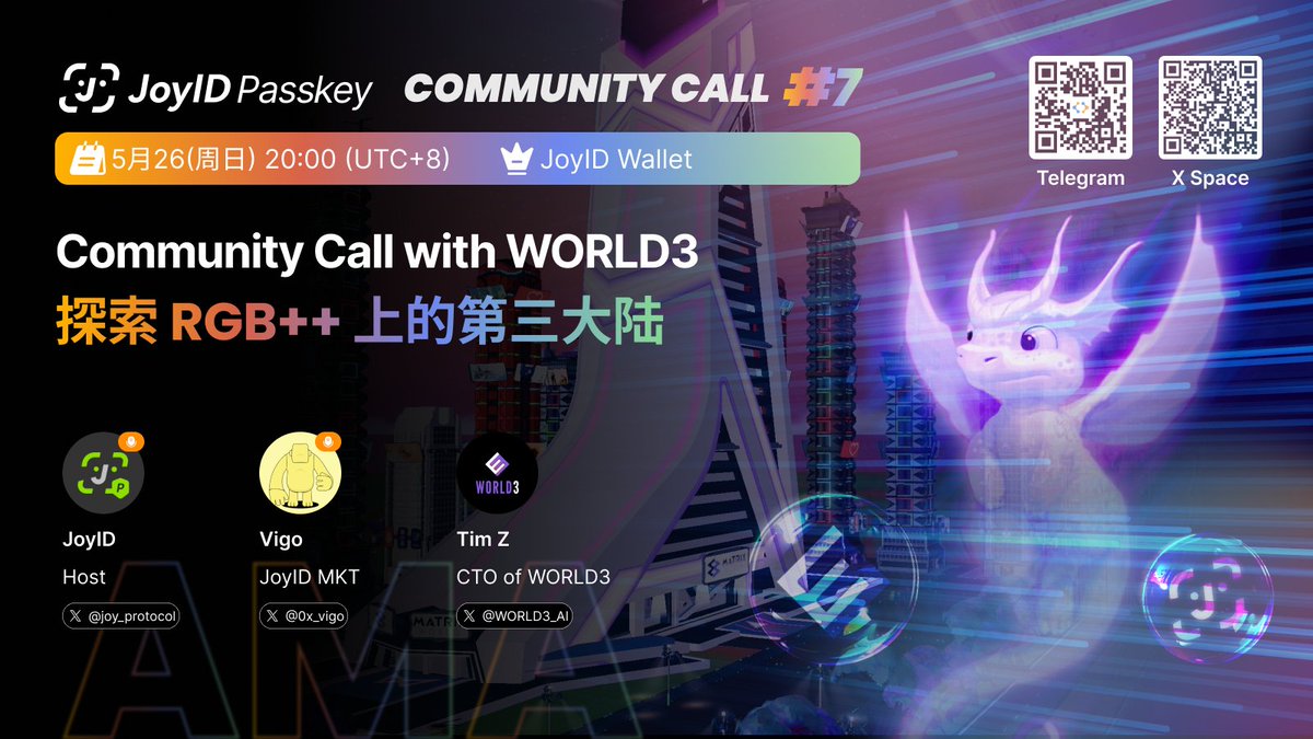 📢 JoyID Community Call #7:

Join us on May 26 at 8 PM (UTC+8) for a Space exploration of RGB++'s mysterious 3rd continent with @World3_ai 🚶‍♀️🚶

🧐 During this adventure, let’s discover:

✅ The vision and team behind WORLD3;
✅ WORLD3’s strategic role within the RGB++ ecosystem;