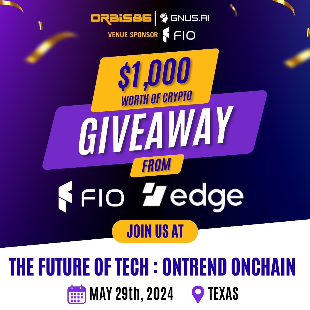 🎁#CryptoGiveaway Alert!🎁

✨Join us for 'The Future of Tech: OnTrend OnChain', May 29th, for a chance to $1000 worth of crypto thanks to @joinFIO and @EdgeWallet!

Super simple claim instructions will be provided at the event! 

👉Register now: lu.ma/Orbis86Web3Tre…