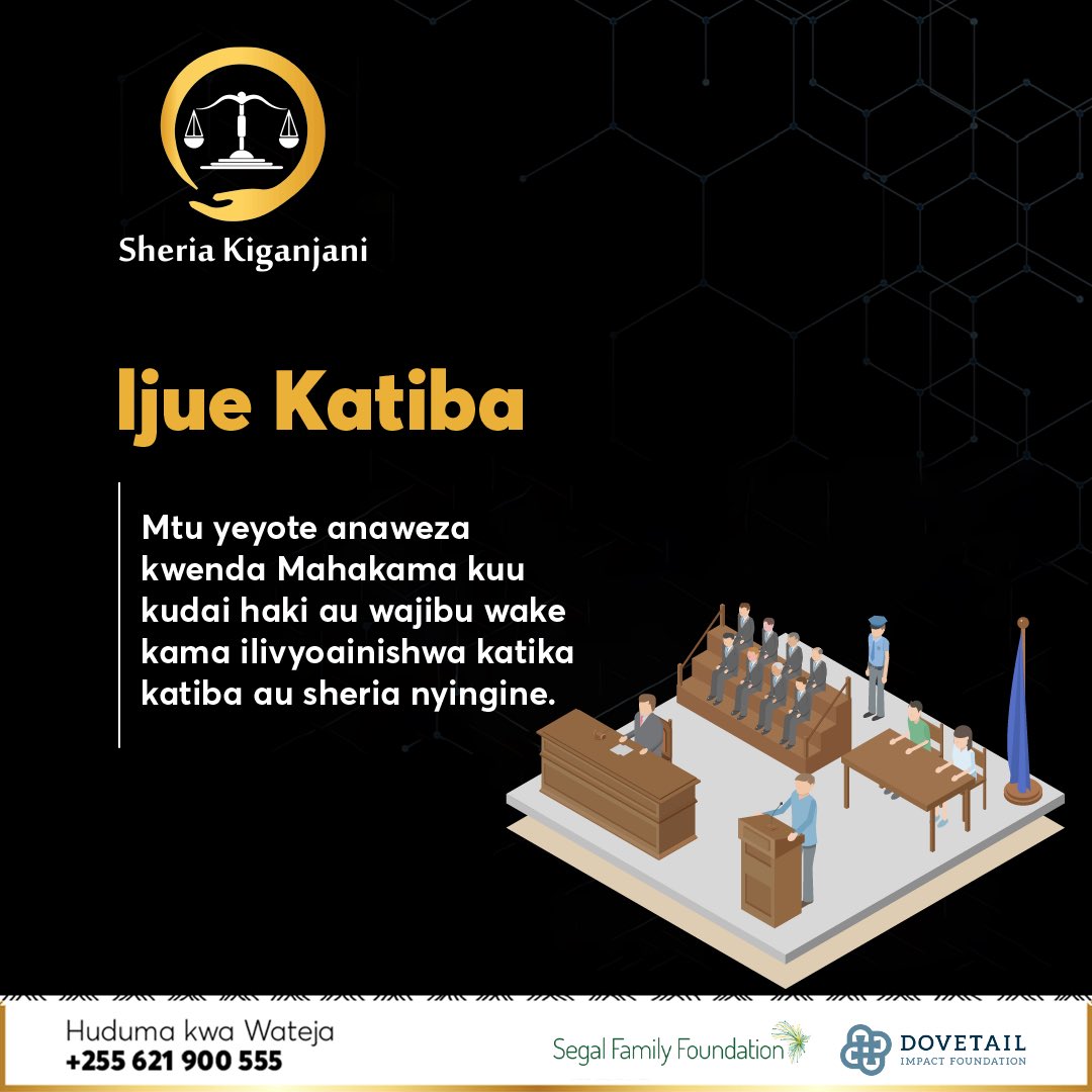 IJUE KATIBA ya Ijumaa ya leo ni kutoka Ibara ya 30(3) ya Katiba ya Tanzania inayompa mtu haki ya kwenda Mahakamani kudai haki. #skijuekatiba #katiba #tanzania #sheriakiganjani #sheriakiganjaniapp #legalgurus #legaltech #justlers #katiba #haki #sheria #nchi #mahakama