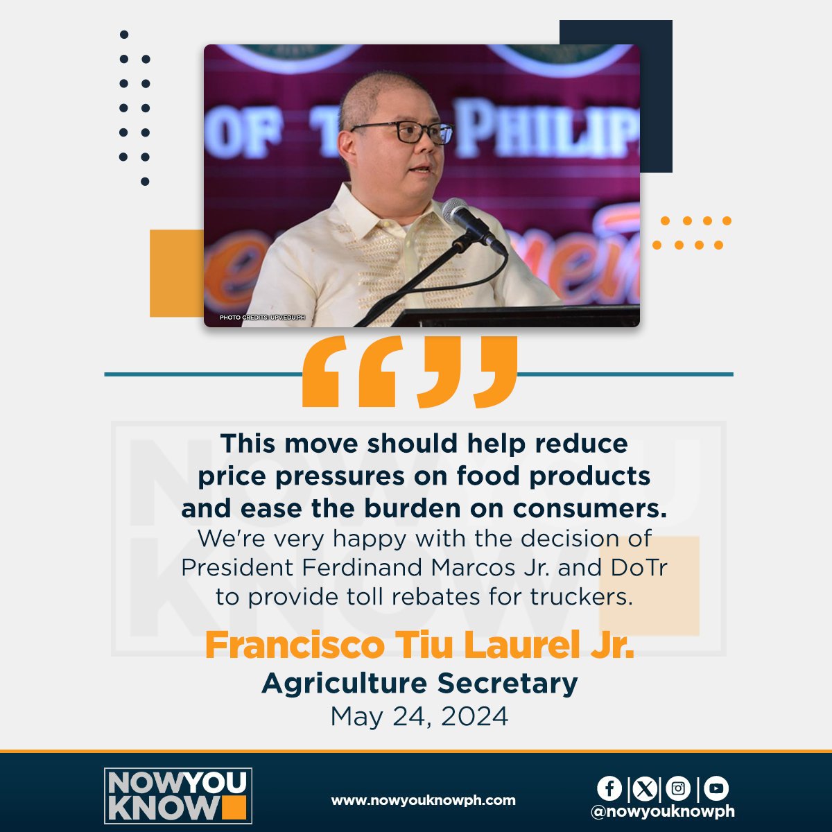 The Department of Agriculture (DA) is expecting the recent move to grant toll rate increase rebates to trucks transporting agricultural products to reduce inflationary pressures on food products. READ tinyurl.com/y4ssx76d 📰 GMA NEWS ONLINE