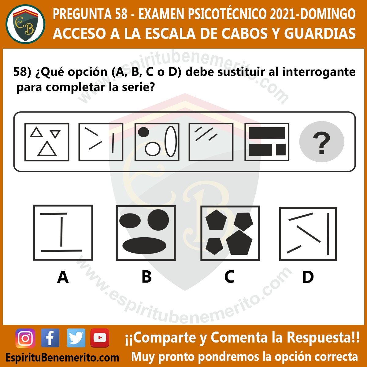 Buenos días🤗 Comenzamos el viernes con un ejercicio de Psicotécnicos 🤯  Vamos a por los 30 puntos 👮🏻‍♀️ 💚 👮🏻‍♂️💪🏼Esperamos vuestras respuestas😉 

#EspirituBenemerito #guardiacivil #ingresogc #oposicionguardiacivil #opositorgc #futurosguradiaciviles  #aporla130 #objetivobaeza #OpoGC