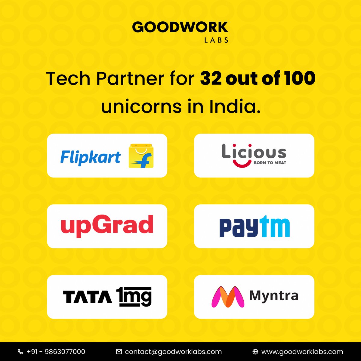 We're thrilled to share that a whopping 32 out of the top 100 #unicorns have chosen @GoodWorkLabs as their #technology partner! 

Want to join their ranks? Visit goodworklabs.com 

#GoodWorkLabs #ITConsulting #AI #CloudManagedServices #unicorns #Webdevelopment