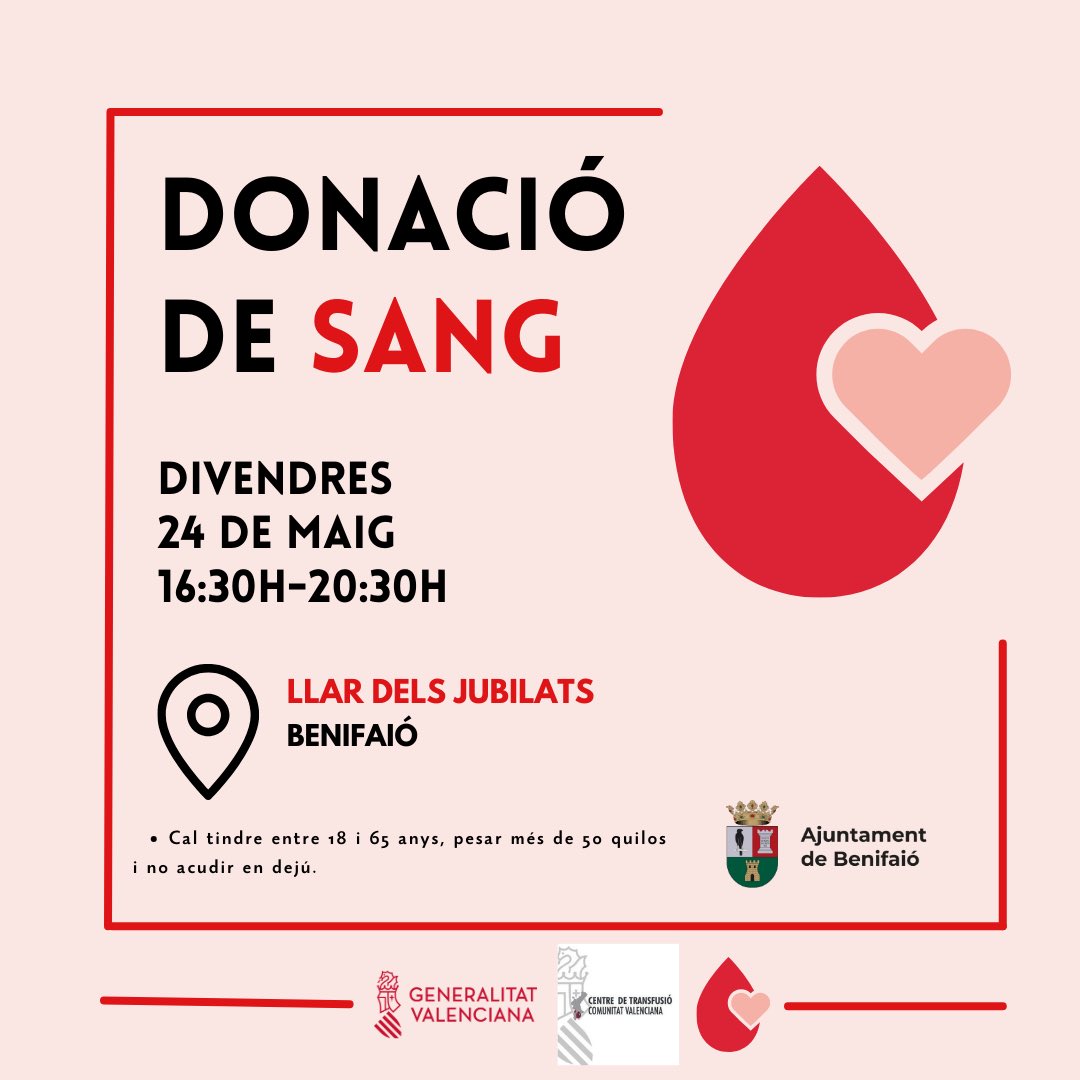 🌈DONACIÓ SANG❤️ 👉🏼Hui divendres, 24 de maig, és la donació de sang d’este mes de 16:30h a 20:30h, a la LLAR DELS JUBILATS. #DonacióSangBenifaió #SalvaVides #FesteDonanter #ComparteixVida #Donanters #LaXarxaMésSocial @GVAdonasang