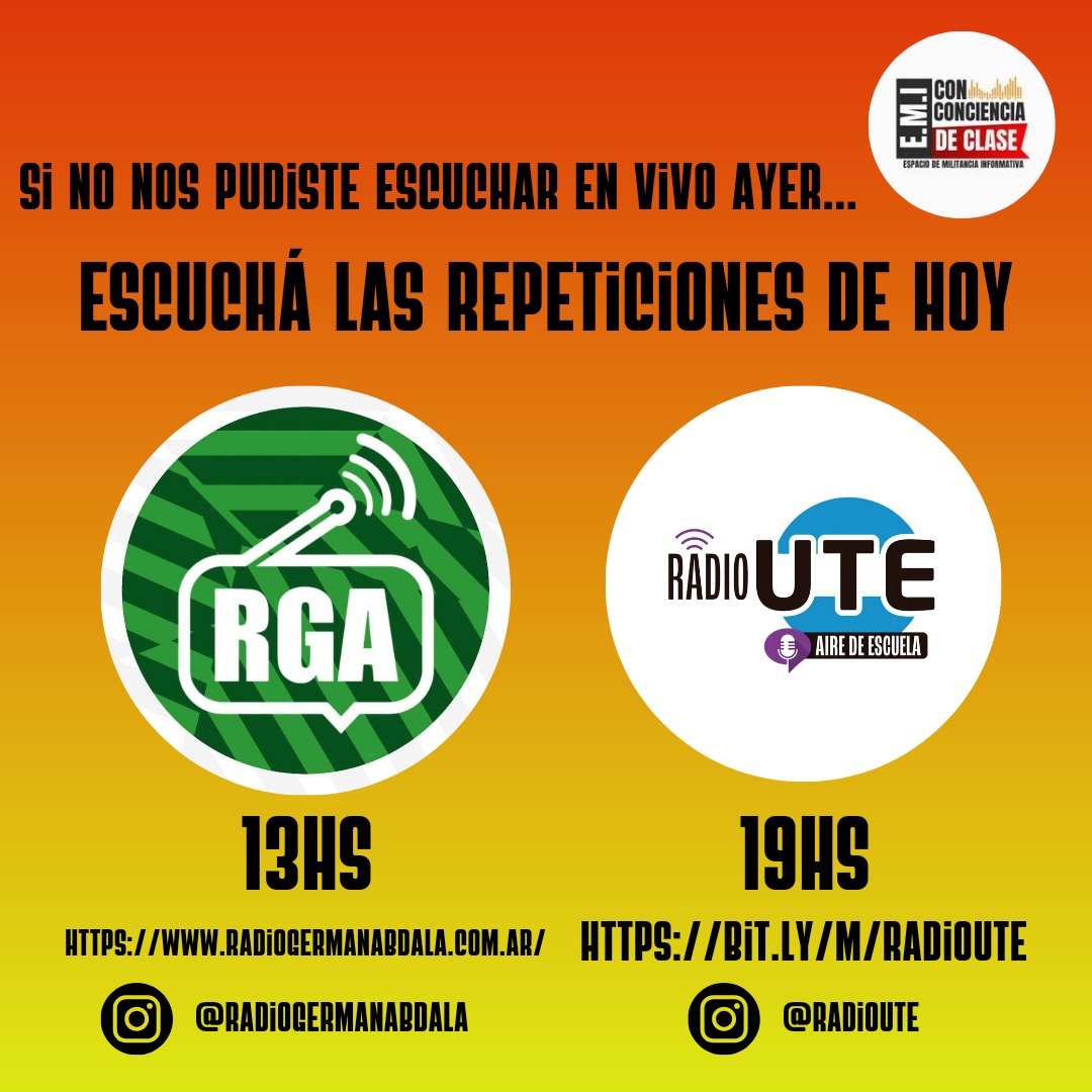 📣 Programón el de ayer! 
🖤 Si no nos pudiste escuchar en vivo, #hoy, #viernes, podés escuchar las repeticiones!
❤️ 13hs en @radiogermanabdala 
🧡 19hs en @radioute 
🤍 Gracias <a href="/cbritezmisiones/">Cristina Britez</a> por la entrevista 🤗
#EMI #EspacioDeMilitanciaInformativa #radio #Misiones