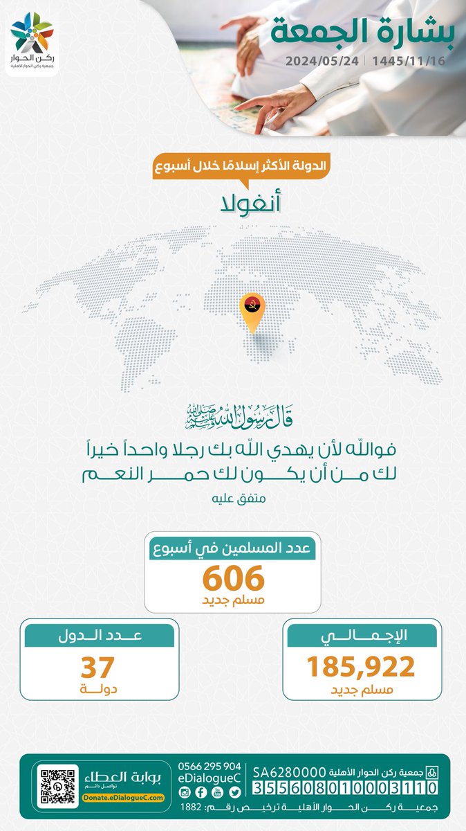 eDialogueC's tweet photo. طابت جمعتكم بالطاعات..  
بفضل الله ثمَّ بكريم عطائكم🌱 

نبشركم هذا الأسبوع بـ[٦٠٦] أخًا لكم أنعَم الله عليهم بالهدايةِ إلى دِينه من [٣٧] دولة حول العالم.  

اللهم ثبِّتهم على الإسلام وا��فع بهم الإسلام والمسلمين..  

#بشارة_الجمعة |  لمشاهدة الخريطة التفاعلية 🔗: https://t.co/kN9fbxO3qn