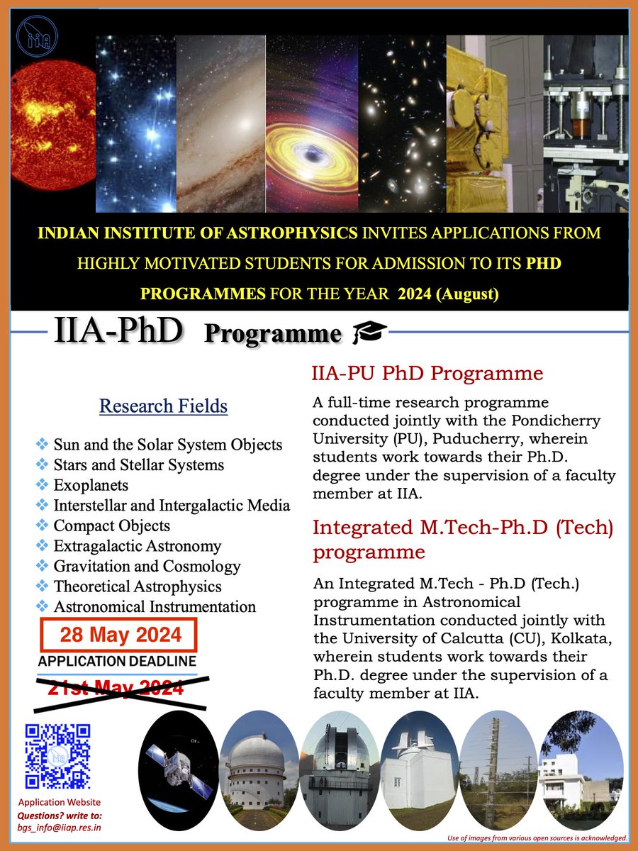 The deadline for applying for our Ph.D. programs has been extended till 28 May 2024! 🌐 Application website iiap.res.in/phd_2024/ 🗓️ Deadline: 21 May 2024 @IndiaDST @asipoec @doot_iia @CosmosMysuru @Indus_SolPhy @fiddlingstars