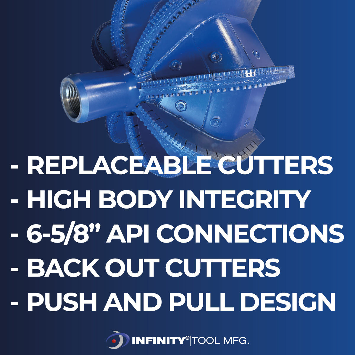 InfinityToolMfg's tweet image. Looking for a PDC Reamer to tackle BIGGER HDD rock bores? Our Maxi Rig PDC Shark Reamers are built tough for large scale projects. Learn more at infinitytoolmfg.com/product/hdd-ma… or call 618-439-4042.

#pdcreamer #maxirig #rocktools #americanmade #infinitytoolmfg
