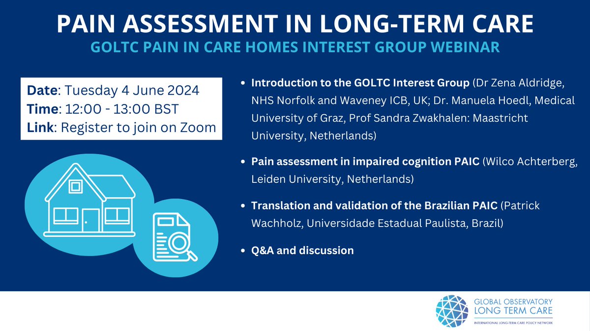 UPCOMING WEBINAR from the GOLTC Pain in Care Homes Interest Group: Pain Assessment in Long-Term Care 🧑‍⚕️ DATE: 4th June 2024 TIME: 12:00 - 13:00 BST Register now 👉 lse.zoom.us/meeting/regist… #PainAssessment #CareHomes #LongTermCare