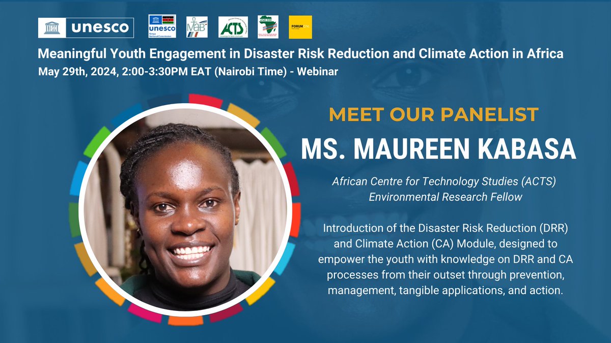 Meet Maureen Kabasa, a panelist from @ACTSNET. She is a powerhouse always prepared to interact with and empower African youths. Be sure to register for the Meaningful Youth Engagement in Disaster Risk
Reduction & #ClimateAction
#YouthLeadership #EmpowerYouth4DRR