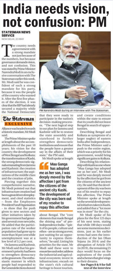 “Indians have seen the benefits of a strong Govt. over the last two terms and are determined to ensure we get a strong Govt. for yet another term.” 📰: thestatesman.com/exclusive-inte… A must-read interview of PM @NarendraModi Ji with @TheStatesmanltd, where he highlights the importance