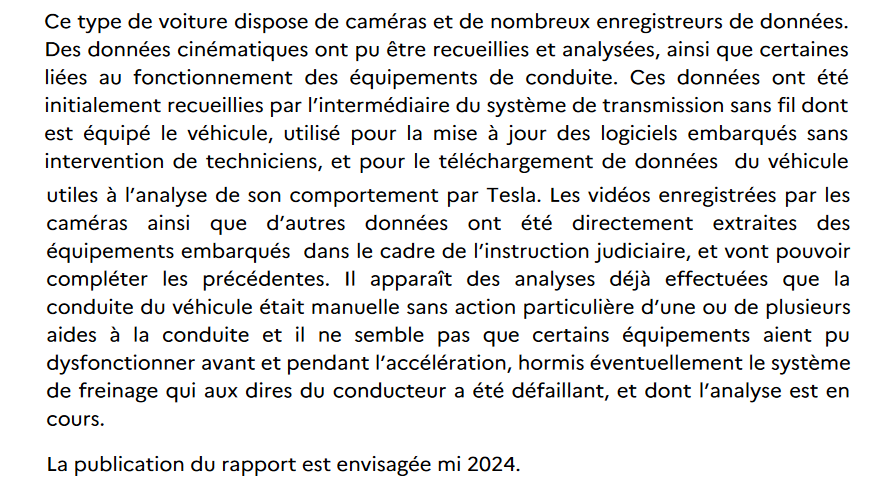 La note d'enquête en cours du Bureau Enquête Accident sur l'accident mortel à Paris où un conducteur de Tesla roulant à grande vitesse a pris la piste cyclable pour éviter d'autres voitures et a fauché un cycliste dans le 13ème.