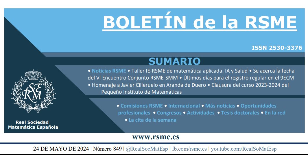 🗞️ Ya disponible el #BoletinRSME de la semana Asómate si quieres conocer nuestra selección de #noticias y novedades #matematicas 👀 rsme.es/wp-content/upl…