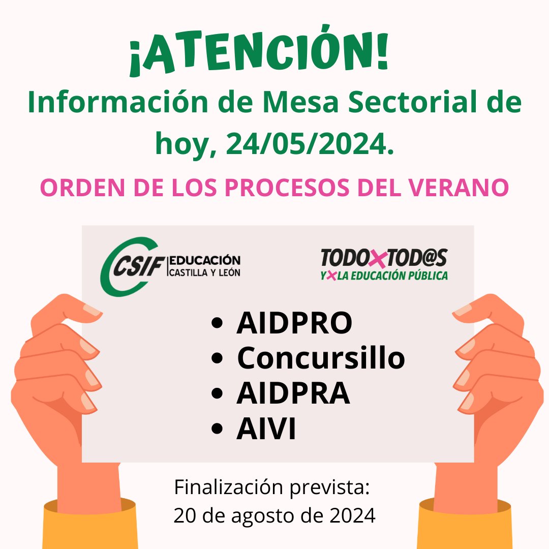 📢📢¡¡Atención!! Orden de los procesos de adjudicación del verano.

✅✅ Información de Mesa Sectorial de hoy, 24/05/2024.

⌛️⏳ Finalización prevista sobre el 20 de agosto de 2024.

#CSIFsítedefiende #educacionpublica