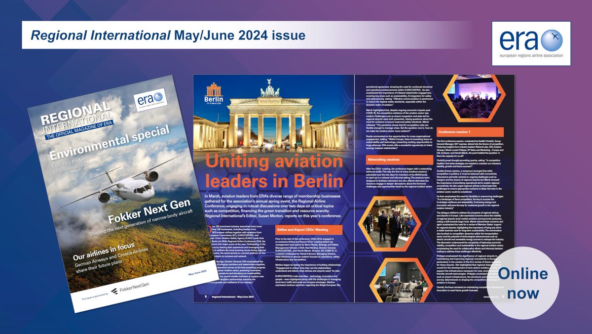 Check out the latest issue of the ERA magazine, Regional International, for an in-depth review of our recent Regional Airline Conference, where we speak to panellists and take a look at some of the highlights and takeaways from the event. Read more: ow.ly/79NM50RSF3H