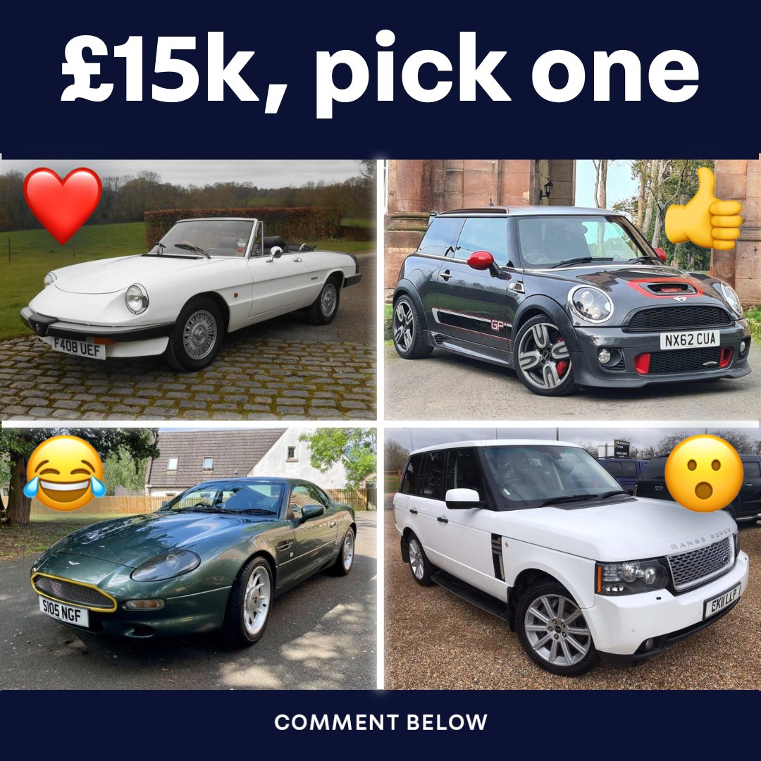 Which car are you choosing with a budget of £15k? 🤨💰 ❤️ 1988 Alfa Romeo Spider 👍 2012 MINI Hatch 😂 1998 Aston Martin DB7 😮 2011 Land Rover Range Rover Vote with an emoji!👇