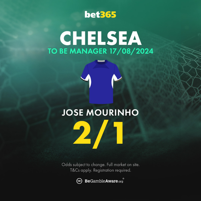 bet365's tweet photo. 40/1 📉 𝟮/𝟭

The Special One to run it back for a 𝗧𝗛𝗜𝗥𝗗 time?

José Mourinho is now the favourite to become Chelsea's next manager.