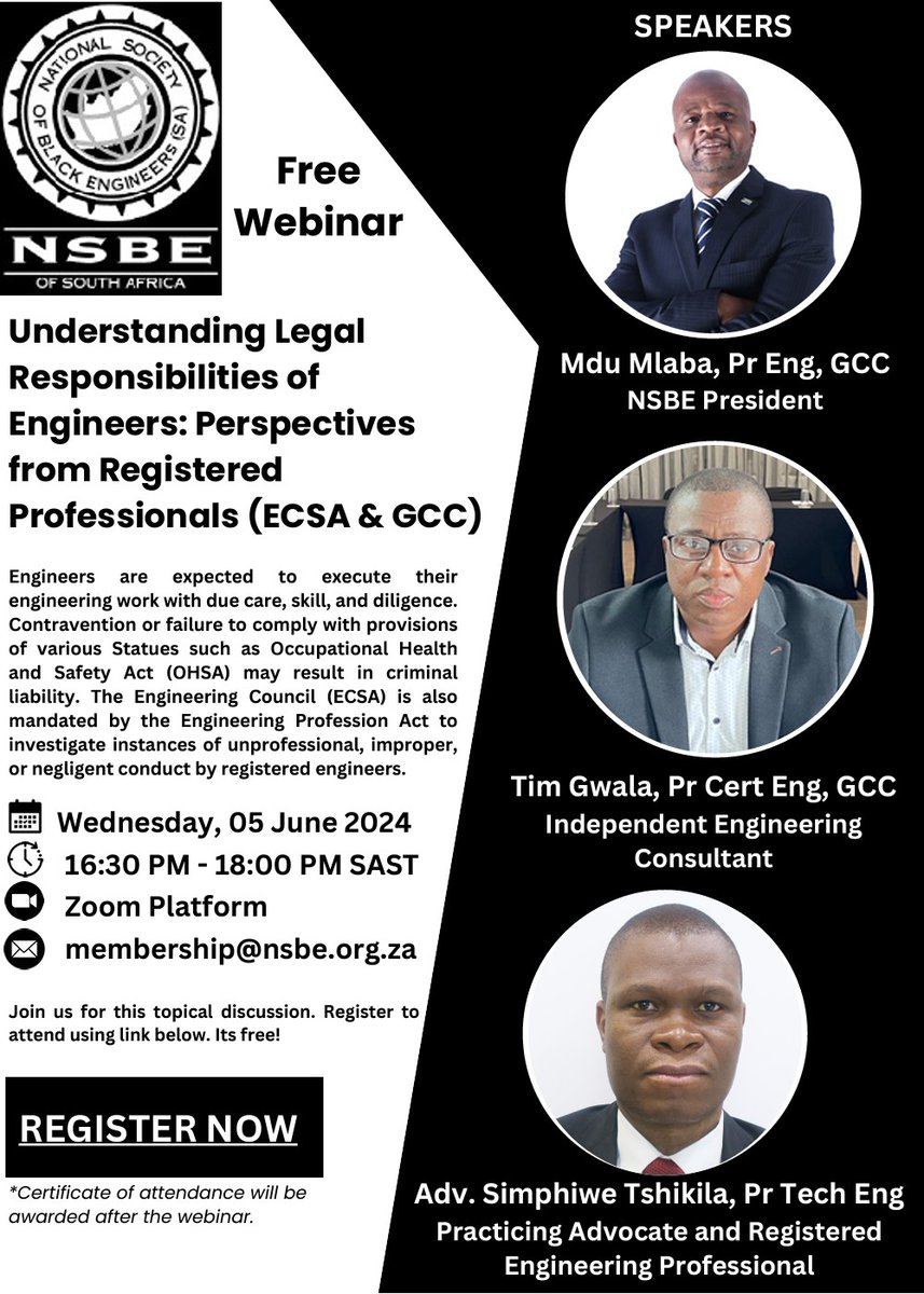 NSBEsa's tweet photo. Following the unfortunate George &amp; Ballito multi-story building construction tragedies, NSBE has decided to host this webinar to avoid similar occurrences in the future. To attend, please contact admin@nsbe.org.za https://t.co/7LDLiGOvTY