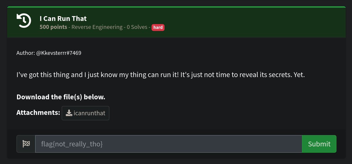 You know you can run things with a ./ dot-slash, right? Yeah, you can run that! Try and run this thing, the 'I Can Run That' challenge from @kkevsterrr for the NahamCon 2024 CTF -- you just mark it as executable, right? Capture the flag at #NahamCon2024 jh.live/nahamcon-ctf