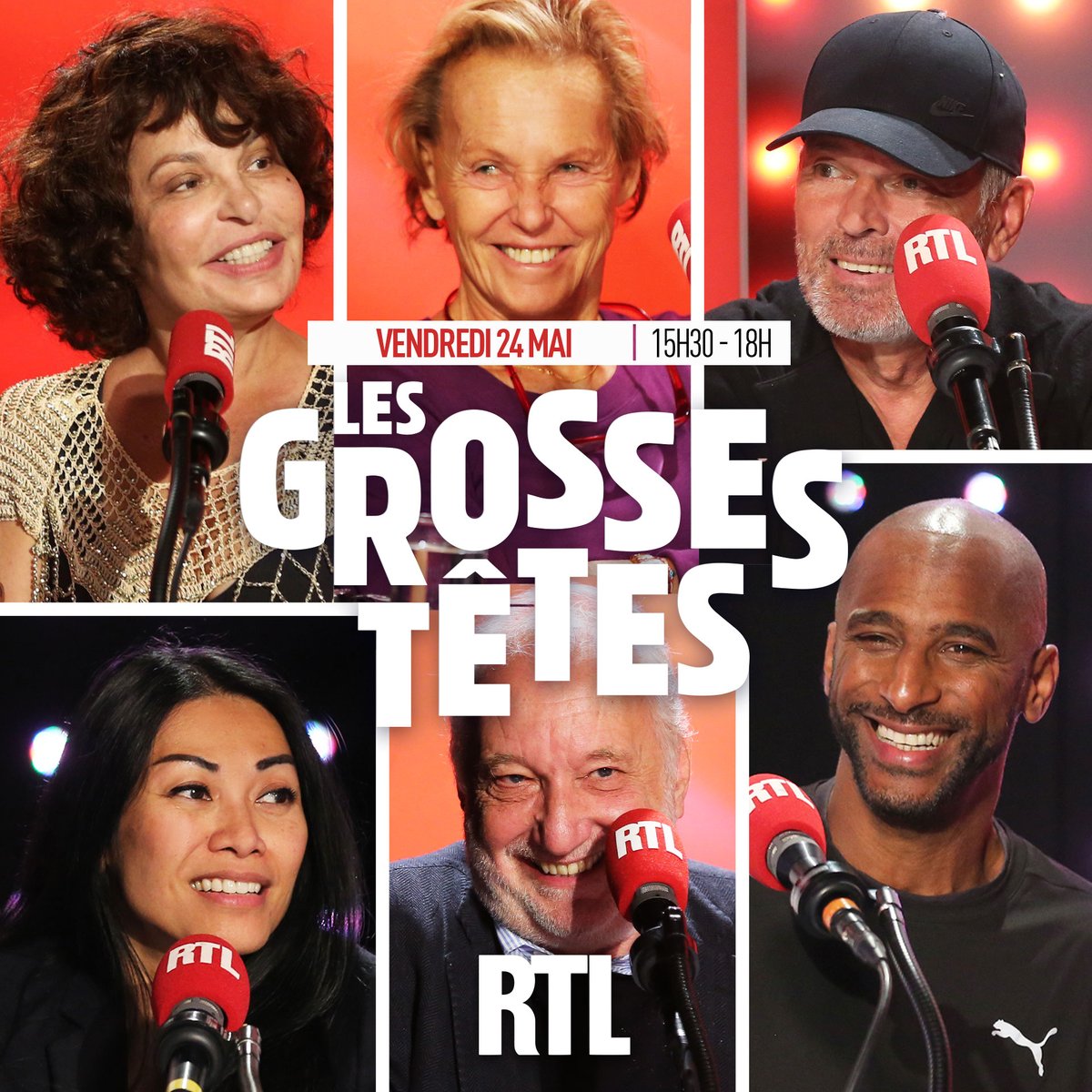 Découvrez Les Grosses Têtes de ce vendredi 24 mai. Autour de @ruquierofficiel :
🔞 @lolobababa
🎭 @IsaMergault 
🌿 @stomyduarte 
📺 @Ockrent 
🎬 #FrançoisBerléand
Et une petite nouvelle rejoint l'équipe :
🎤 @Anggun_Cipta 
📻 Coup d'envoi de l'émission 👉 15h30 sur RTL