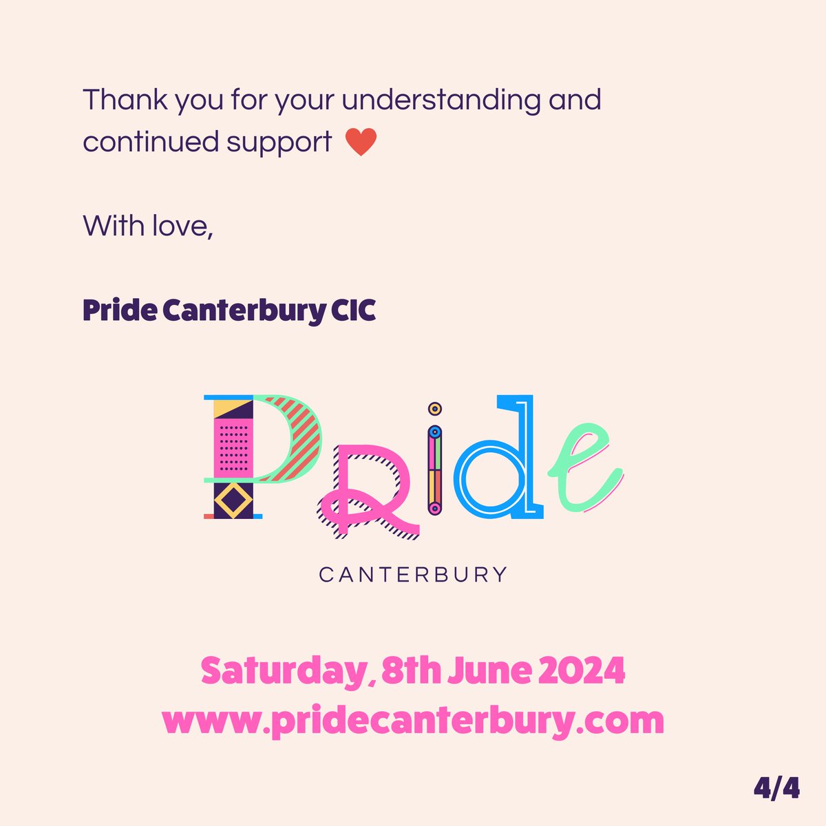 statement ➡️ change of schedule to Pride Canterbury 2024, now returning Saturday, 8th June 2024 🏳️‍🌈 🌈 ❤️