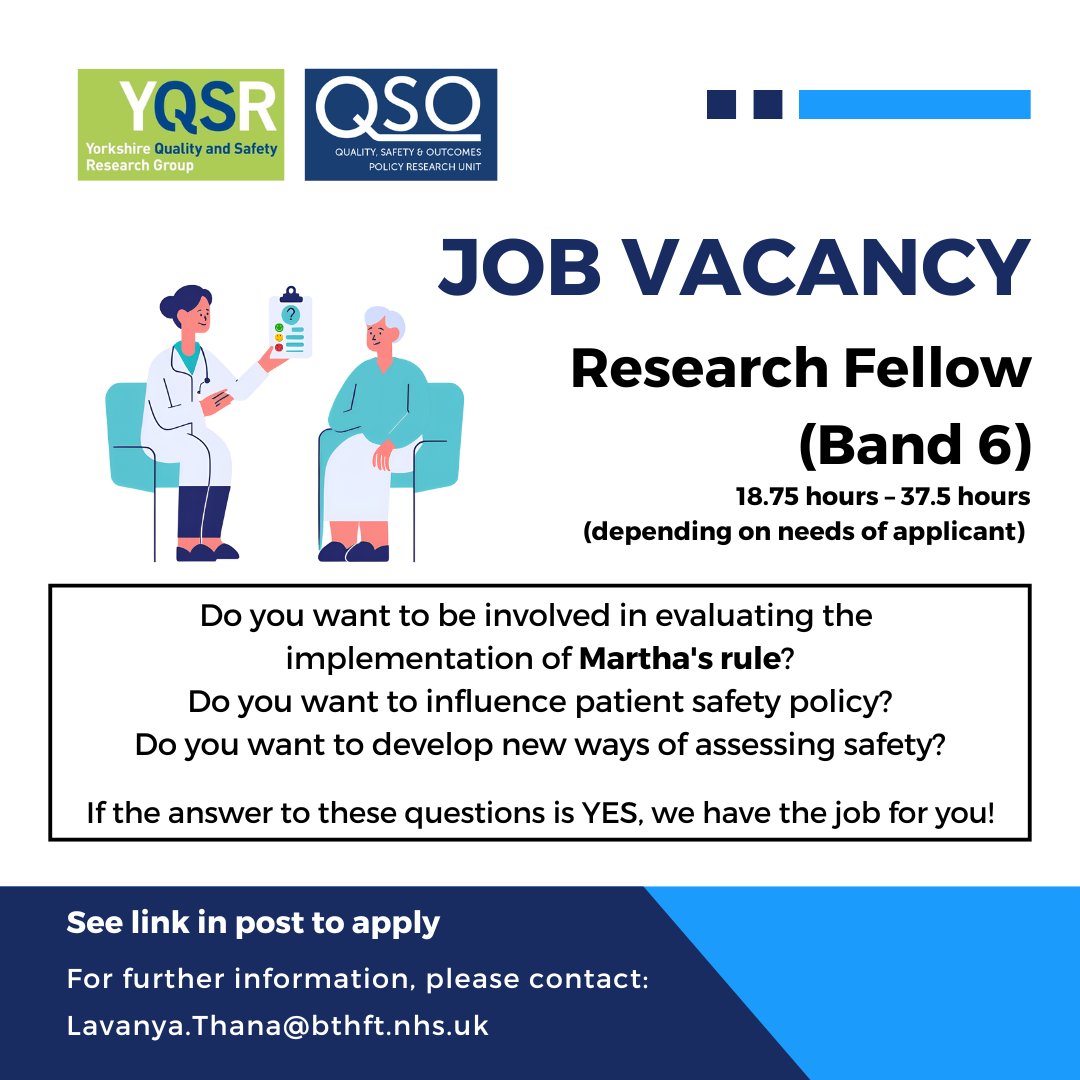 Do you want to be involved in evaluating the implementation of #MarthasRule?
Do you want to influence #PatientSafety policy?
Do you want to develop new ways of assessing safety?
If the answer is YES, we have the job for you!
Find out more: bit.ly/44QVREF

@LavanyaThana